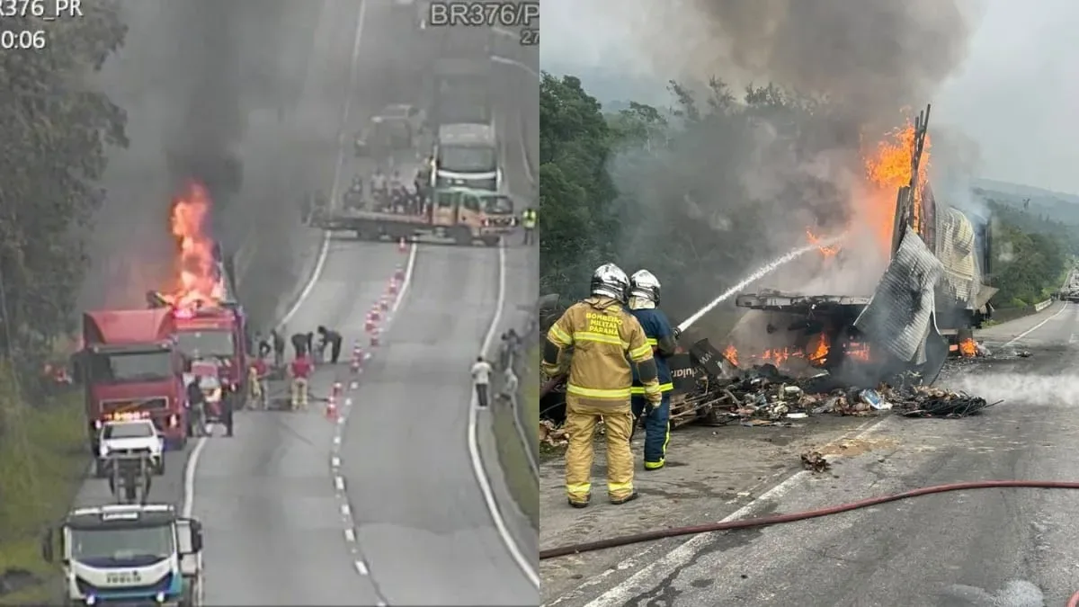 Carreta volta a pegar fogo na BR-376 após primeiro combate em Guaratuba