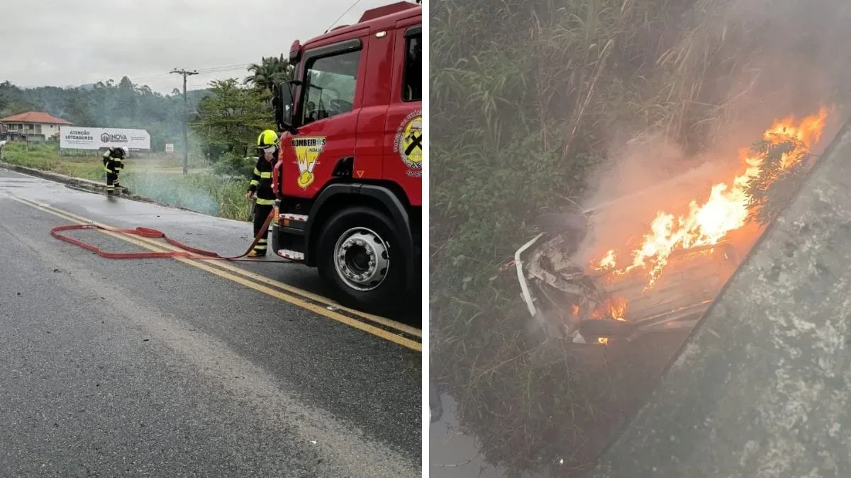 Carro cai de ponte e pega fogo na BR-470, em Rodeio