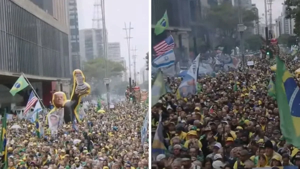 Ato na Paulista exibe boneco de Trump com representação de Lula