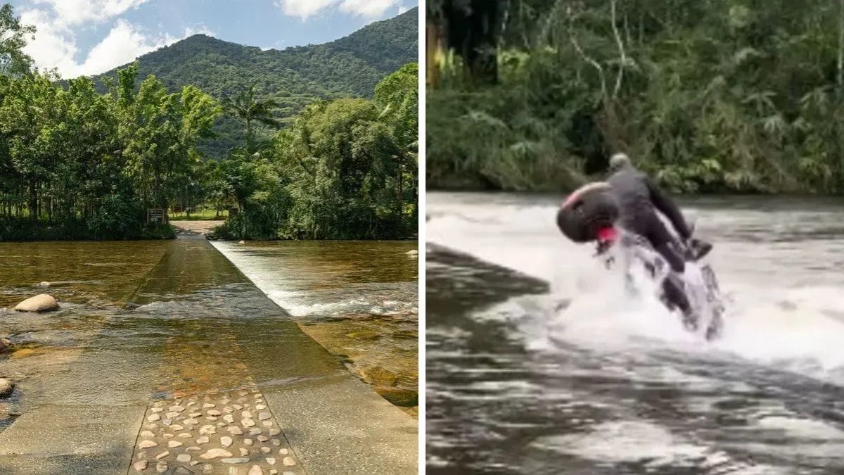 Ponte invertida no Paraná tem pedras que ajudam motos a cruzar o rio