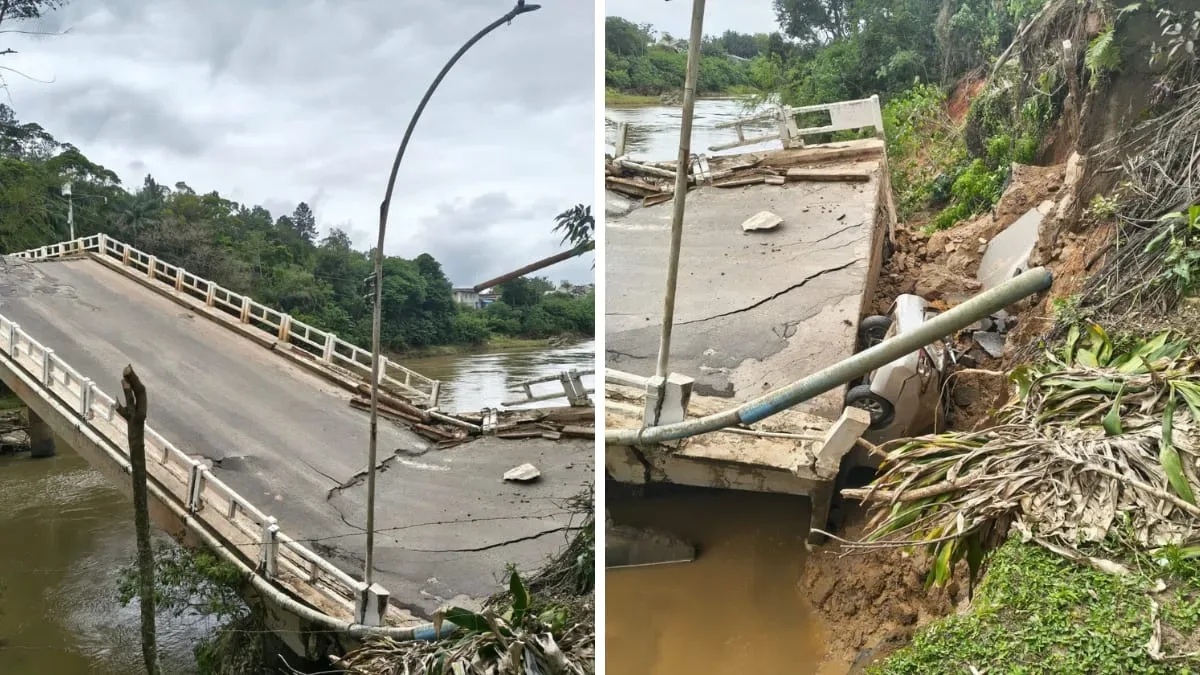 Queda de ponte em Canelinha deixa mulher ferida e gera decreto de emergência
