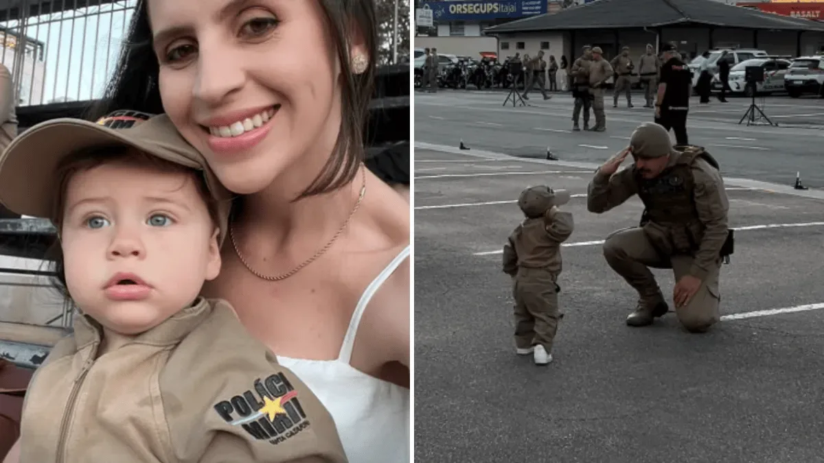 Cerimônia em Itajaí reúne 79 formandos e cena de bebê fardado com avô
